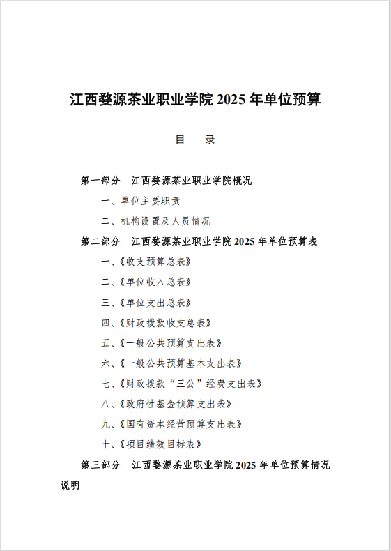 江西婺源茶业职业学院2025年度预算信息公开